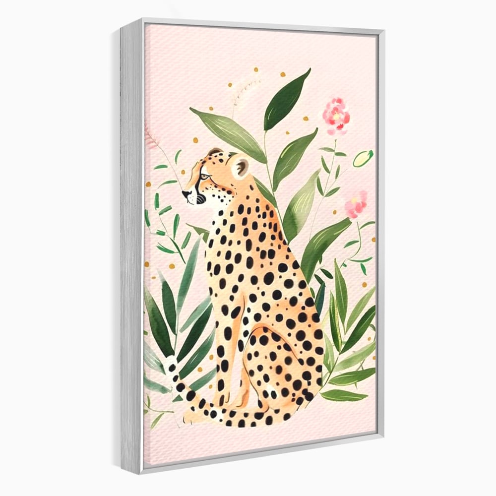 Tablou canvas cu tablou canvas cu leopard si frunze tropicale, in rama de aluminiu argintiu